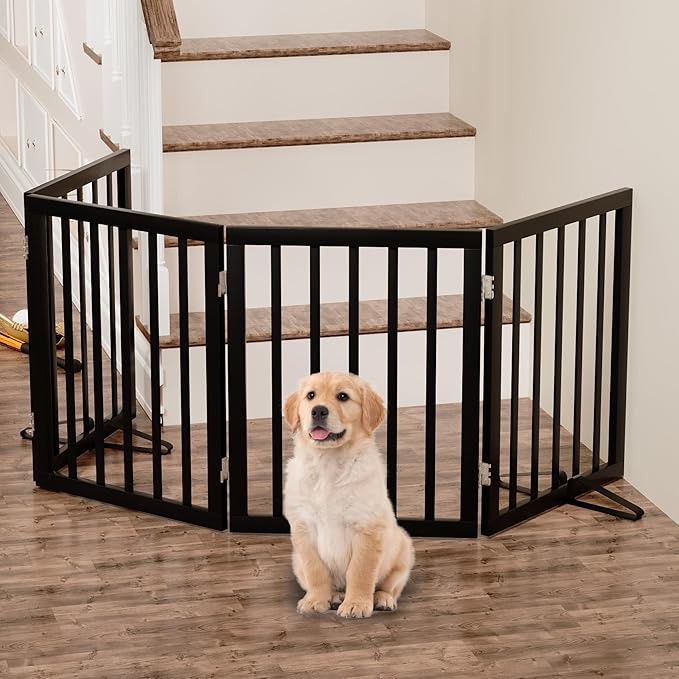 Freestanding Foldable Dog Gate - 4 Panel Room Divider with Metal Support Feet (Black)