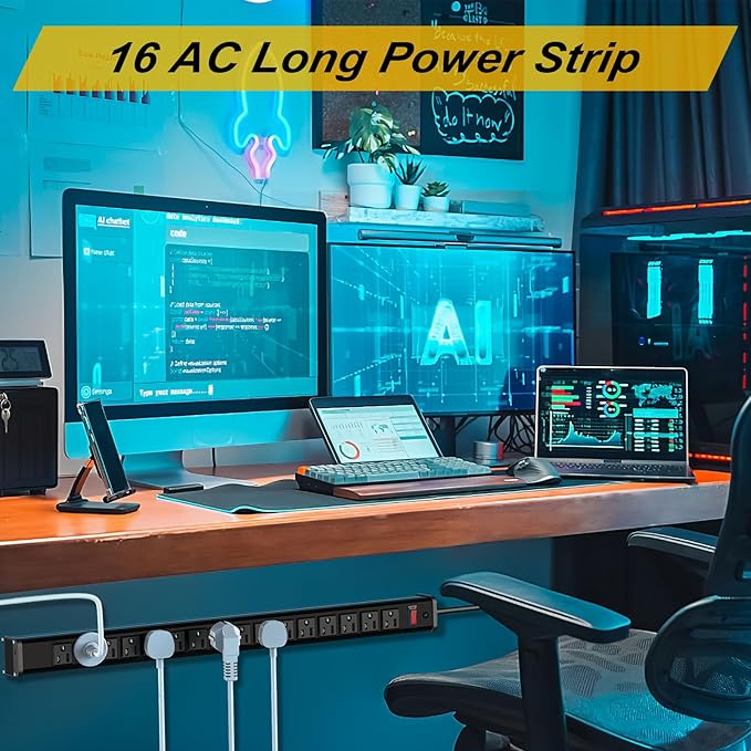 16 Outlets Long Power Strip Metal Wall Mount Power Strip 10 FT Heavy Duty Garage Workbench Workshop Bar Industrial Electric Strip Outlets, ETL (Black)