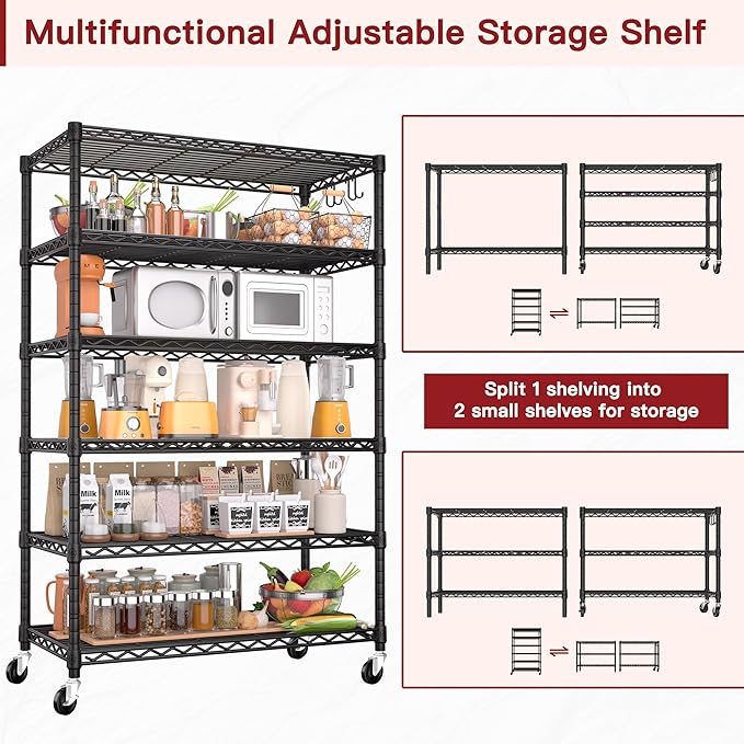 PrimeZone 6 Tier Wire Shelving with Wheels 79''H 1500lbs Storage Shelves NSF Certified Heavy Duty Steel Metal Shelf Adjustable Rolling Rack Kitchen Garage Closet Pantry Laundry 79''HX36''WX16''D