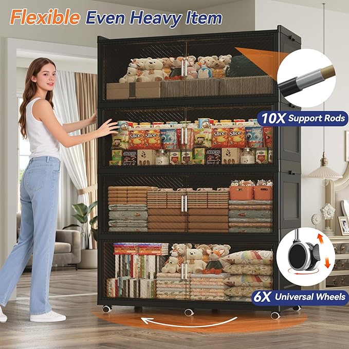 150Gal Extra Large Stackable Storage Bins with Lid, 600Qt Collapsible Storage Box with Wheels, Closet Organizers and Storage Cabinet Container for Home, Kitchen, Office, Bedroom, 3Pack Black