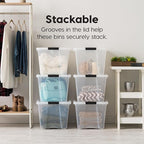 IRIS USA 6-Pack 54 Quart Stackable Storage Bins with Lids [Made in USA] - Everyday Organizer Latching Clear Plastic Organization Containers Closet Bedroom Shelving Units Home Storage - Clear/White