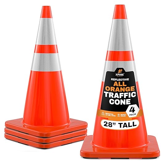 Xpose Safety 28 Inch Orange Traffic Cones Heavy Duty 10lb with 6" & 4" Collars, 4-Pack - Multipurpose PVC Plastic Safety Cone for Parking, Soccer, Caution, Kids and Construction - DOT Approved