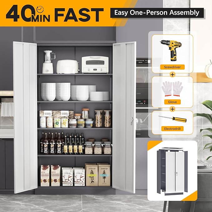 Greenvelly Metal Storage Cabinet with 2 Doors and 4 Adjustable Shelves, 72”H Metal Cabinet Lockable Storage Cabinet,Tall Locking File Cabinet for Office,Home, Garage, Gym, School