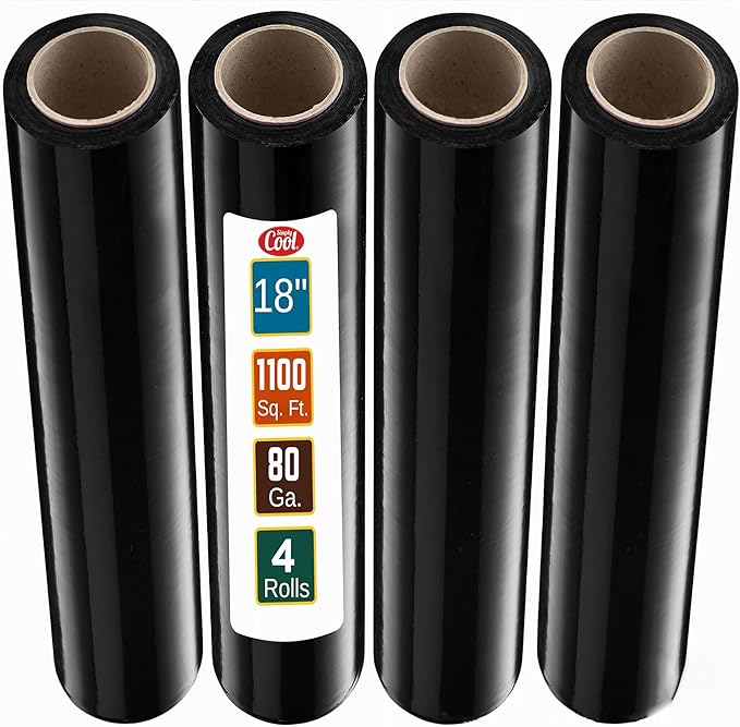 Black Stretch Wrap Industrial Strength Extra Thick 4 Pack 18" 1100 SqFt 80 Gauge (20 Micron) Shrink Wrap Roll for Moving Supplies, Furniture, Pallets, Plastic Wrap for Packing, Stretch Film
