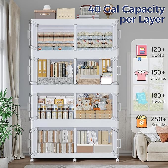 200GAL Extra Large Storage Bins with Lid, 800Qt Stackable Closet Organizers and Drawers, Collapsible Storage Bins with Wheels, Folding Containers for Home, Kitchen Office, 5Pack White