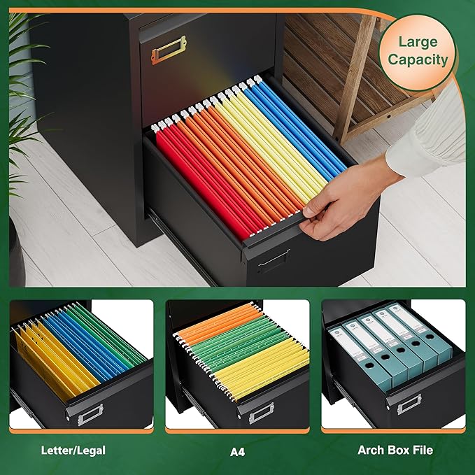 Letaya 3 Drawer File Cabinet with Lock,Metal Office Filing Cabinets for Home Office- Storage A4/F4/Letter/Legal -Assembly Required (Black)