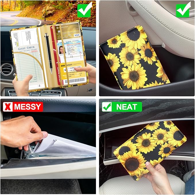 Car Registration and Insurance Card Holder, Leather License Document Floral Glove Box Compartment Organizer, Car Wallet Case for Essential Info, License Cards, ID Card