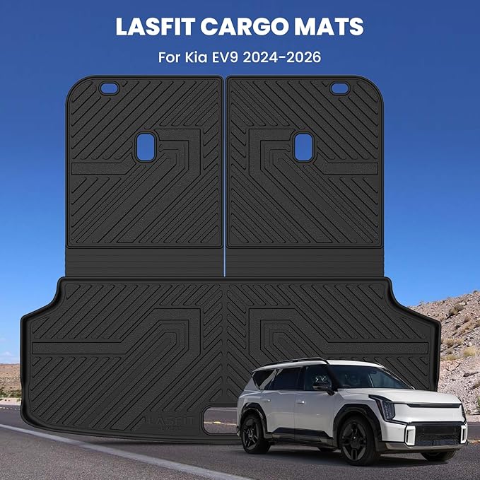 LASFIT Cargo Mats & Backrest for Kia EV9 2024 2025 2026, All Weather TPE Car Trunk Mats Custom Fit for Kia EV9 2026 2025 2024 Cargo Liners & Seatback, Black