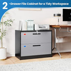 2 Drawer File Cabinet, Lateral Filing Cabinets for Home Office, Office Storage Drawers with Lock, Hanging Files Legal/Letter A4 Size (Assemble Required,Black Grey)