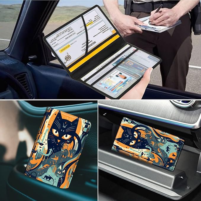 Car Registration and Insurance Holder, Leather Car Glove Box Organizer, Cool Car Accessories for ID, Driver's License Cards & Essential Document,business cards,Men&Women,Black Cat