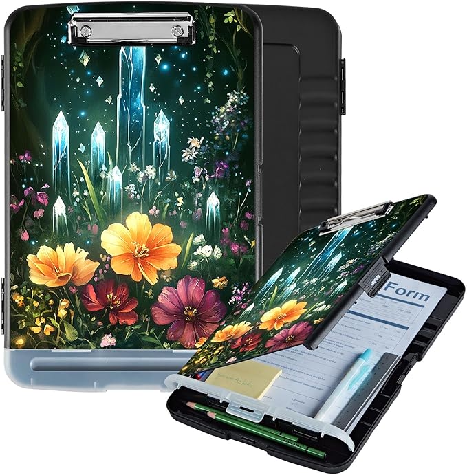 Clipboard with Storage Box & Pen Holder,Heavy Duty Clip Boards 8.5x11 for Nursing,High Capacity,School & Office Supplies,Crystal Garden