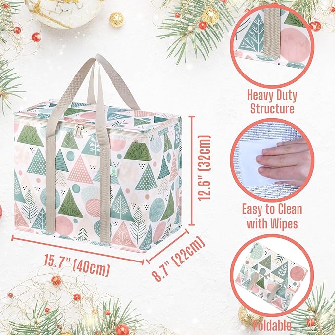 VENO 2 Pack Christmas Cooler Bag Insulated Reusable Grocery Shopping Bag, Food Delivery, Heavy Duty, Large Size, Durable Handles, Double Zippers, Lid, Collapsible (Pastel Forest, 2 Pack)