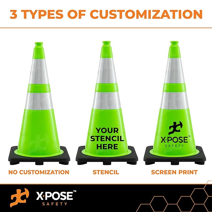 Xpose Safety 28” Lime Green Traffic Cone Dual 6" & 4" Reflective Collar – 12 Pack Multipurpose Premium PVC Safety Cone for Parking, Caution, Construction, Road Crews, Emergency Vehicle - DOT Approved