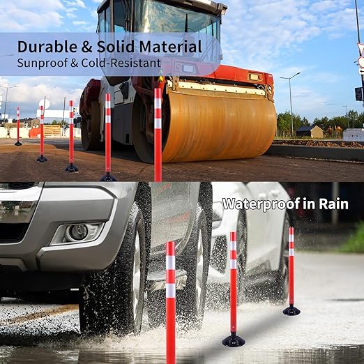 BESEA 8PCS 48" Traffic Delineator Posts with Detachable Base & High-Visibility Reflective Collars,Orange Durable Flexible Safety Cones for Work Zones, Parking Lots, and Roadways