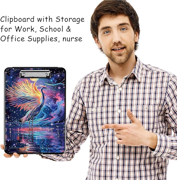 Clipboard with Storage, High Capacity Plastic Storage Clipboard with Pen Holder for for Women Teachers Work, School & Office Supplies, Cute Pattern Decorative Clipboards, Colorful Crane