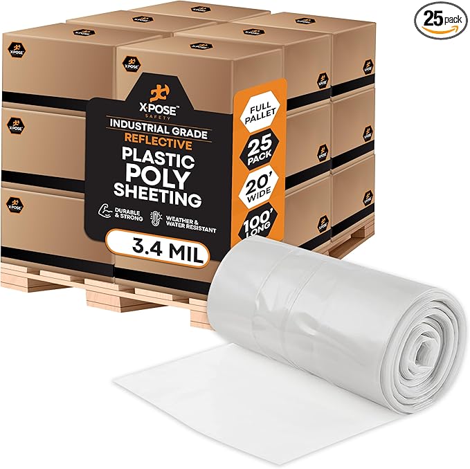Xpose Safety Clear Plastic Sheeting (Bulk Half Pallet 25 Pack) – 20' x 100' Rolls – Heavy Duty 3.4 Mil Poly Sheet – Waterproof, Dustproof, Vapor Barrier – for Construction, Painting, Industrial Use