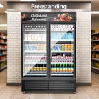 Tylza Commercial Refrigerator, Double Glass Door Display Beverage Fridge, 26.49 Cu Ft Upright Beverage Cooler Merchandiser with Replaceable Advertising Light Board, Rebound Door, Fast Cooling, Black