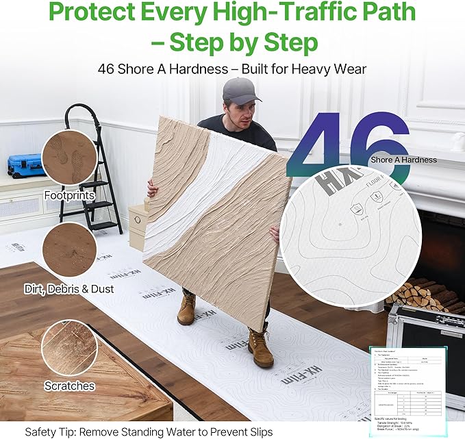 39" x50' Heavy-Duty Floor Protection | Construction Grade Carpet Protector | Drop Cloth Plastic Film for Hardwood Floors | Waterproof Painters Covering with No Residue(Summit White)