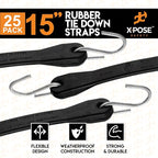 Rubber Bungee Cords with Hooks 25 Pack 15 Inch (23” Max Stretch) Heavy-Duty Black Tie Down Straps for Outdoor, Tarp Covers, Canvas Canopies, Motorcycle, and Cargo - by Xpose Safety