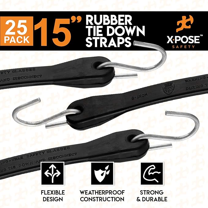 Rubber Bungee Cords with Hooks 25 Pack 15 Inch (23” Max Stretch) Heavy-Duty Black Tie Down Straps for Outdoor, Tarp Covers, Canvas Canopies, Motorcycle, and Cargo - by Xpose Safety