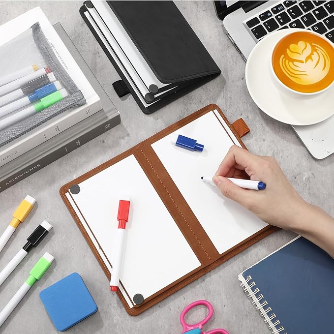 6 Sides Whiteboard Notebook Portable Whiteboard Dry Erase Notebook Portable Dry Erase Board Double Sided Folding Whiteboards White Board for Office Study Meeting(Brown,A6: 4.5"×6”)