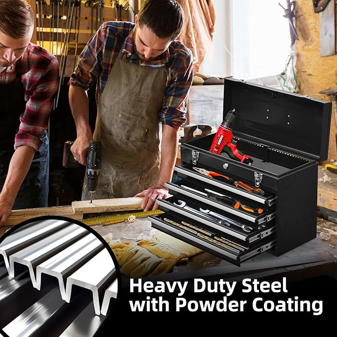 4 Drawers Metal Tool Box Portable Steel Tool Chest with Metal Latch Closure & Key Lock, 20" Powder Coating Top Storage Tray Toolbox with Handle, Suitable for Repair Shop & Garage (Black)