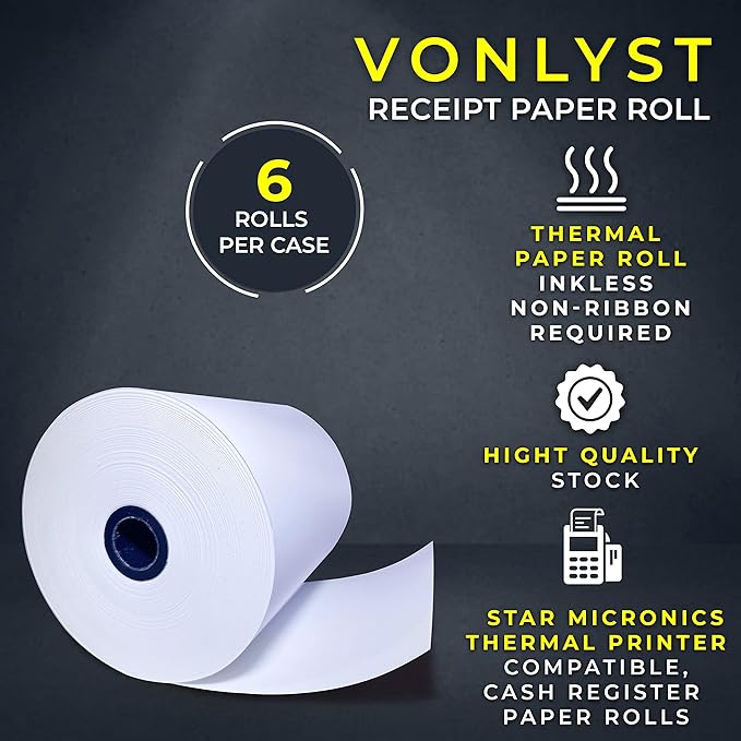 Receipt Paper Roll 3 1/8 x 230 for Square Register and Square POS System connected to Star Micronics Thermal Printer (Pack 06 rolls)