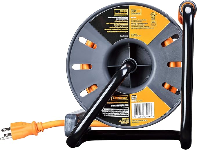 Masterplug 50ft Cord Reel, Retractable Extension Lead with Winding Handle, Safety Overload Circuit Breaker and Power Switch, 4x Grounded Outlets, 2x USB Ports, 15amps, 12AWG Cable