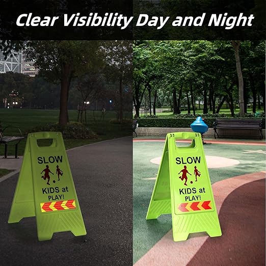 3 Pack Slow Kids at Play Sign, Children Playing Sign for Street with Reflective Tapes Handle, 24 Inch High Visibility Green Kids Pets Caution Warning for School, Sidewalk, Driveway, Park