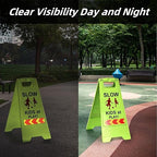 3 Pack Slow Kids at Play Sign, Children Playing Sign for Street with Reflective Tapes Handle, 24 Inch High Visibility Green Kids Pets Caution Warning for School, Sidewalk, Driveway, Park