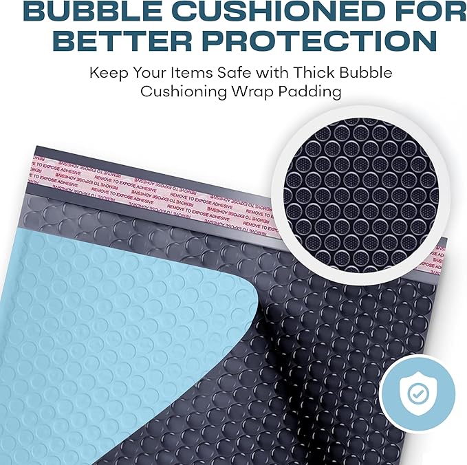 Light Blue 10.5x16 Inch Large Poly Bubble Mailers #5 | Padded Envelopes with Self Seal | Air Lined Cushioned Bubble Mailer | Usable Size 10.5x15 | 200 Pack Bulk | Lightweight shipping Bags