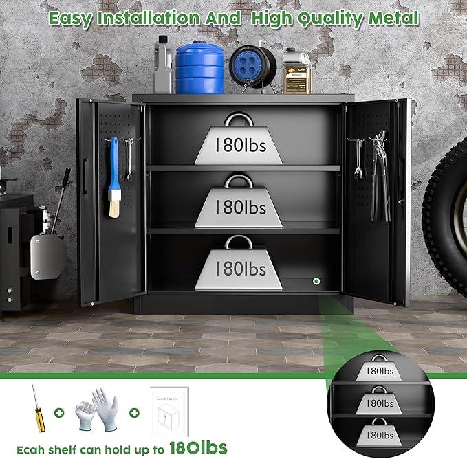 Metal Storage Cabinet with Lock, Lockable Metal Garage Cabinet with Pegboards and Hooks for Garage,Warehouse,Home,Office, Assembly Required,Black