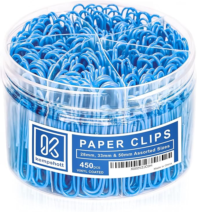 450 Blue Color Paper Clips Assorted Sizes Small, Medium and Large Paper Clips for Paperwork Ideal for Home, School and Office Use (Assorted, Blue)