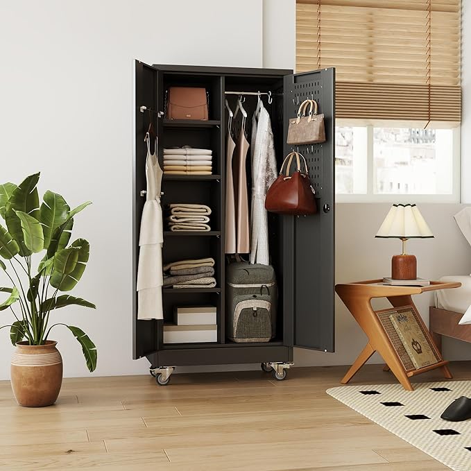 Aobabo Metal Broom Closet Storage Cabinet on Wheels and 2 Lockable Doors, Steel Cleaning Cabinet for Garage with Pegboards and Hooks,Mop Storage Cabinet,Black,Assembly Required