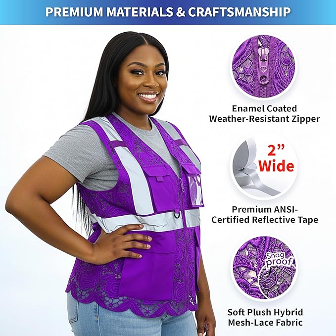 Lace-Mesh Safety Vest for Women & Men - Breathable, High Visibility Vest with Zipper & ANSI Class 2 Reflective Strips