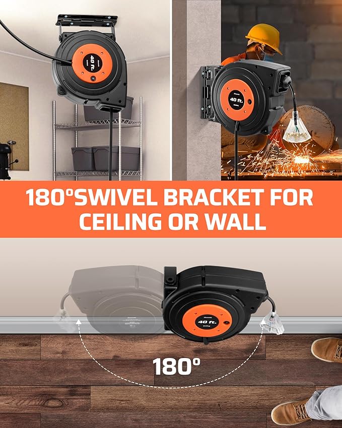 DEWENWILS Retractable Extension Cord Reel, 40 FT Heavy Duty Power Cord, 12AWG/3C SJTOW, 3 Grounded Outlets Lighted Triple Tap, 15 Amp Circuit Breaker, UL Listed
