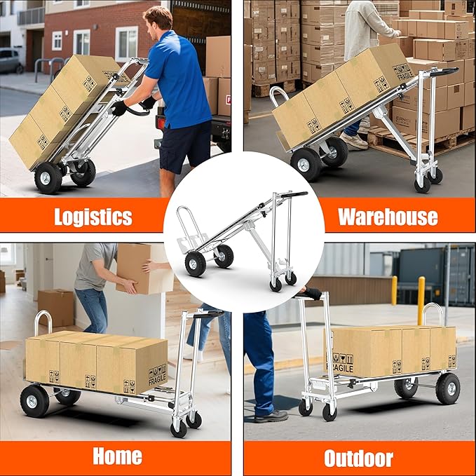 3in1 Convertible Hand Truck Dolly Cart, 880 lb Aluminum Hand Trucks Heavy Duty Furniture Appliance Dolly W/10 Wheels,Utility Cart for Transport & Moving Office, Home & Warehouse Use (Silver)