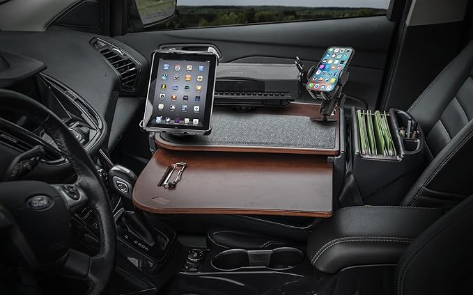 AutoExec AE-GMCD-PI-PS-PM-TAB-21M GripMaster Car Desk for Your Vehicle Workstation and Mobile Office, Mahogany with 400 watt Power Inverter, Printer Stand, Phone Mount and Tablet Mount