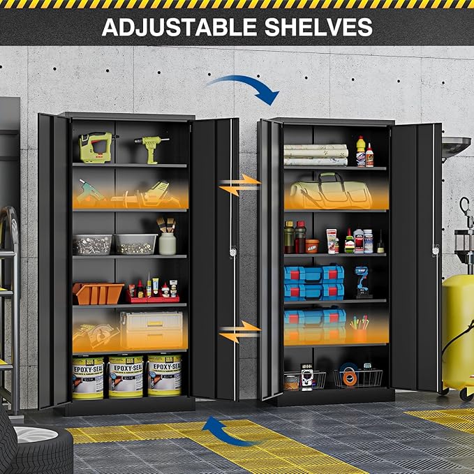 Metal Storage Cabinet-72” Black Tall Steel File Cabinets with Lockable Doors and Adjustable Shelves-Black Steel Storage Cabinet for Kitchen, Office, Garage