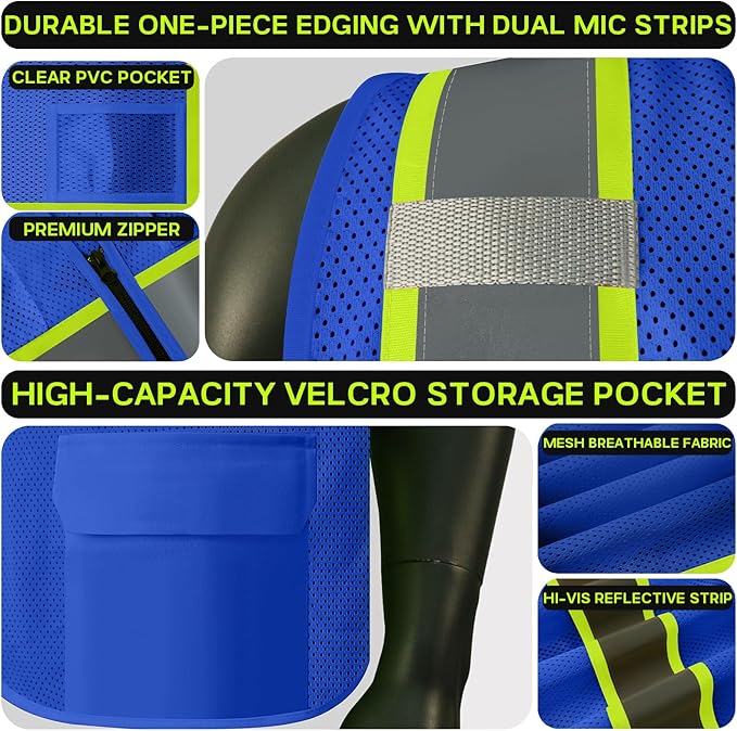 Safety Vest Customize Logo with 5 Pockets & Zipper Reflective High Visibility Vest Class 2 Outdoor Workwear