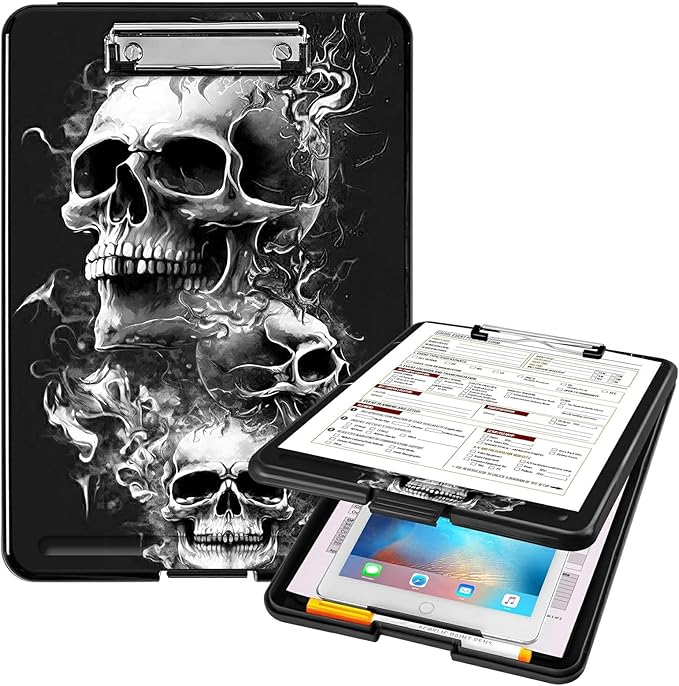A4 Clipboards,Heavy Duty Waterproof Nursing Plastic Folder Clipboard with Storage Clip Boards,File Folder Storage Box Clipboard Case for Teacher,Doctor,Offices,Skull