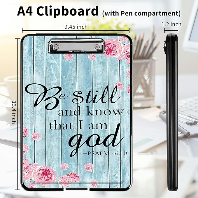 A4 Clipboards,Heavy Duty Waterproof Nursing Plastic Folder Clipboard with Storage Clip Boards,File Folder Storage Box Clipboard Case for Teacher,Doctor,Offices,Psalm 46-10 Be Still