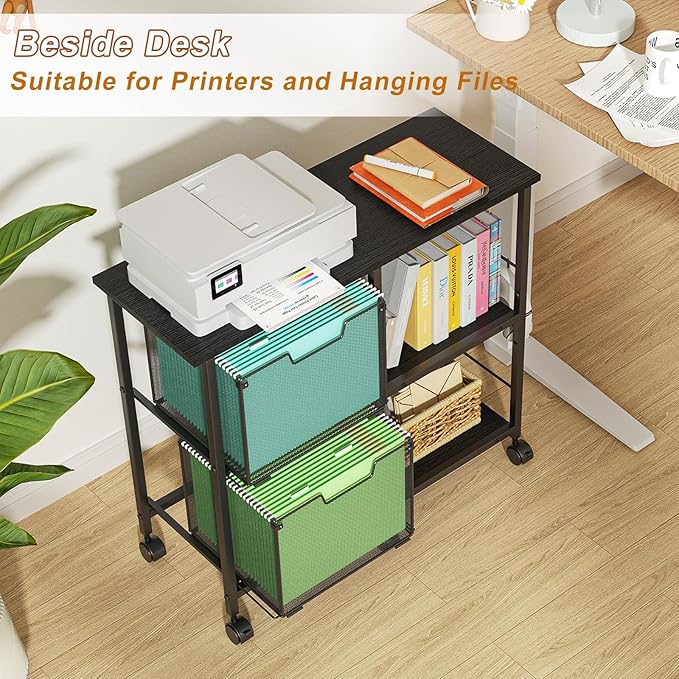 2 Drawer File Cabinet, Lateral Filing Cabinet, Rolling Printer Cabinet Cart with Open Storage Shelf, Office Storage with Wheels, Home Furniture, Black