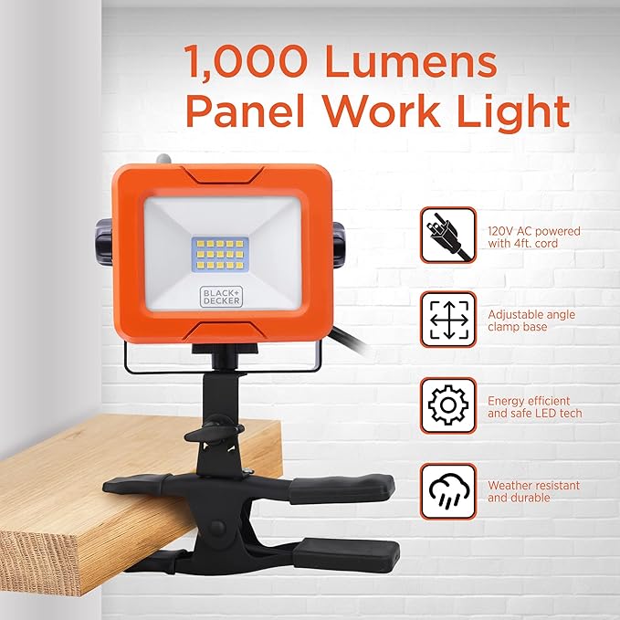 BLACK+DECKER LED Clamp Work Light, 1000 Lumens Indoor & Outdoor IP65 Waterproof Clamp Utility Shop Light with Plug, Clip on Shop Lamp, Adjustable Arm, 360° Rotating Clamp, Tripod Compatible, 4 Ft Cord