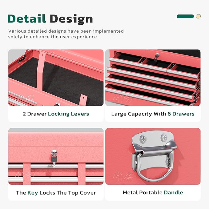 Greenvelly 8-Drawer Rolling Tool Chest, Metal Tool Chest with Wheels, Tool Cabinet with Detachable Top Tool Box, Metal Tool Cart with Liner & Hooks for Garage, Workshop, Warehouse (Pink)