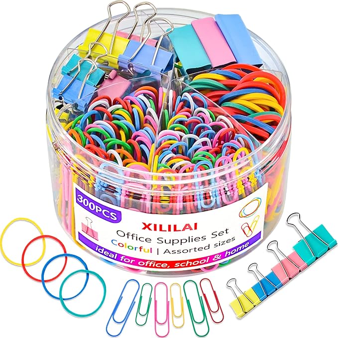 Paper Clips Binder Clips, Colored Office Clips Set - Back to School Supplies- Assorted Sizes Paperclips Paper Clamps Rubber Bands for Office and School Supplies, Document Organizing