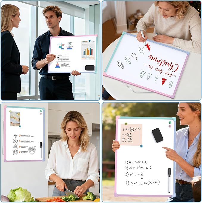 MaxGear Double-Sided Dry Erase Board for Wall, 16"x12" Hanging Whiteboard, Small Dry Erase White Board kit, Portable Whiteboard for Planning, Drawing, Memo, to Do List, Macaron Frame