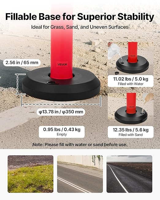 VEVOR 3 Pack Traffic Delineator Posts, 48 inches Traffic Safety Cones with Fillable Base and Reflective Strips, Heavy Duty Delineator Posts for Construction Site, Parking Lot, Crowd Control, Red