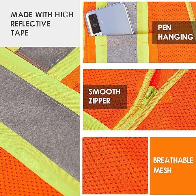 Custom Safety Vest with Logo Pockets High Visibility Reflective Vests Construction Security Workwear
