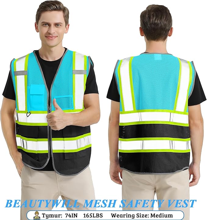 BeautyWill Custom Safety Vest Customized Logo Mesh Vest Class2 High Visibility Reflective Vest with Pockets Workwear（LightBlue Black，XL ）